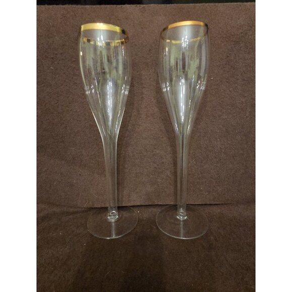 Hollow Stem Tall Champagne Flutes Glasses Gold Trim‎ 9.75" - Picture 2 of 11